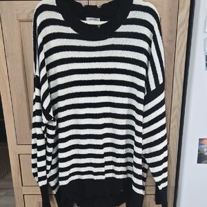 White Birch Black & White Striped Sweater Frayed Edges Oversized